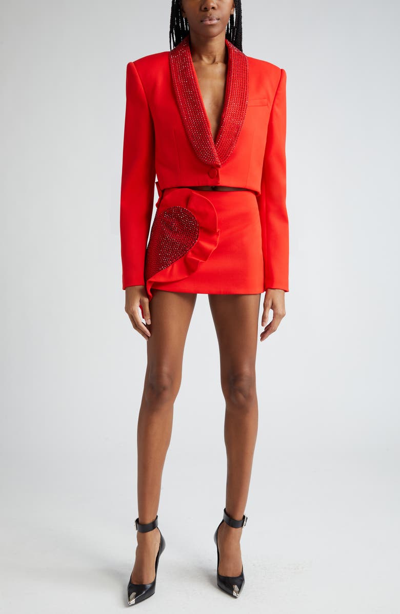 Area Crystal Embellished Cutout Crop Stretch Wool Tuxedo Jacket, Alternate, color,