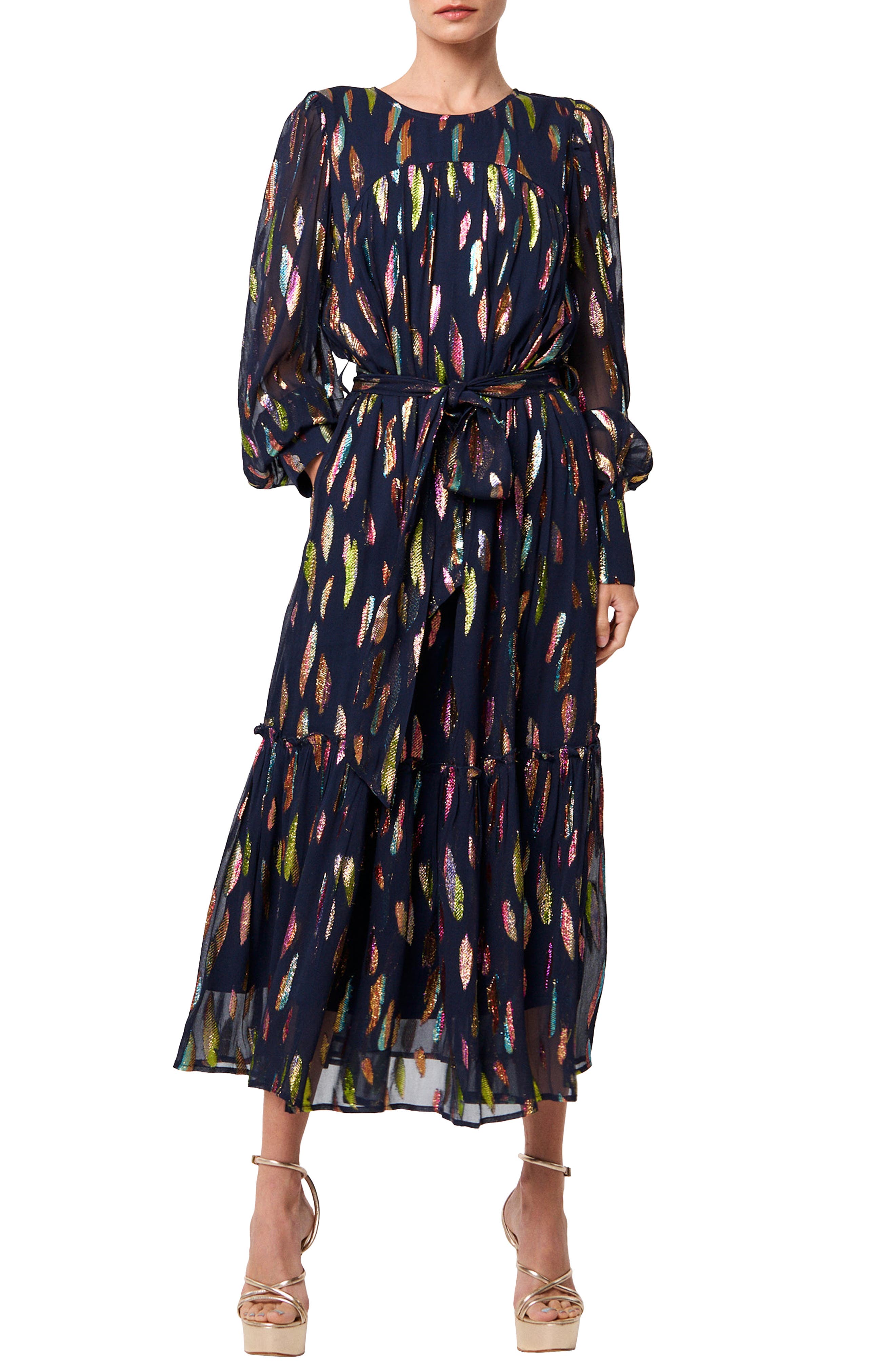 CIEBON Eryn Metallic Print Tie Waist Long Sleeve Maxi Dress