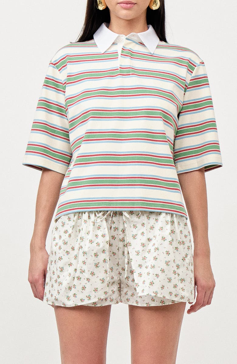 MAUDE CLUB Frankie Stripe Stretch Cotton Polo, Main, color, Ivory Green Stripe