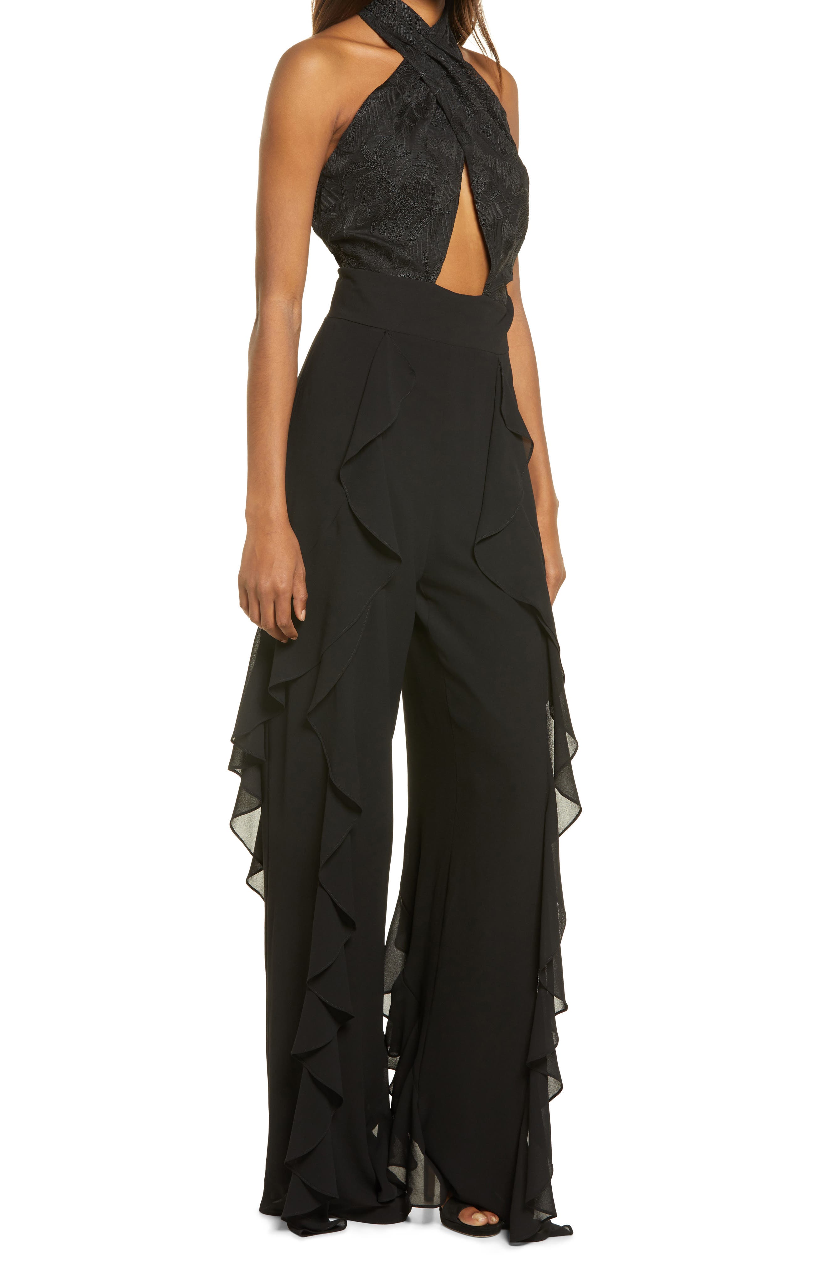 Marina Ruffled Halter Neck Keyhole Back Solid Jumpsuit