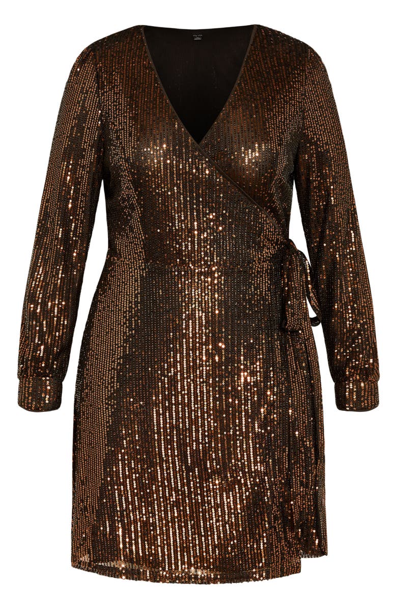 City Chic Sequin Long Sleeve Faux Wrap Cocktail Dress, Alternate, color, 