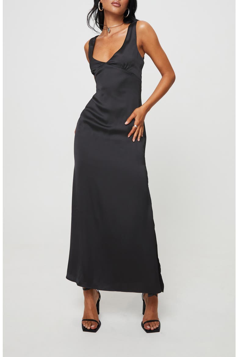 Lynsey V-Neck Satin Maxi Dress, Alternate, color, BLACK