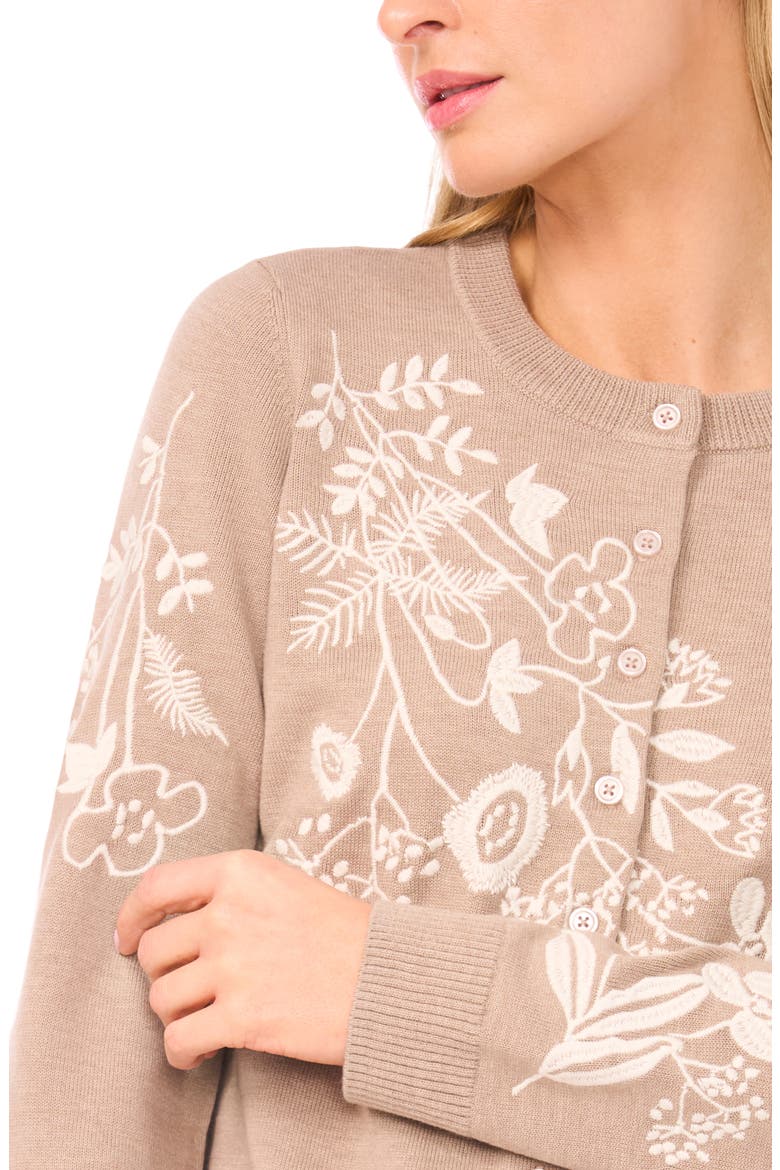 Embroidered Floral Button Front Cardigan, Alternate, color, SOFT TAUPE