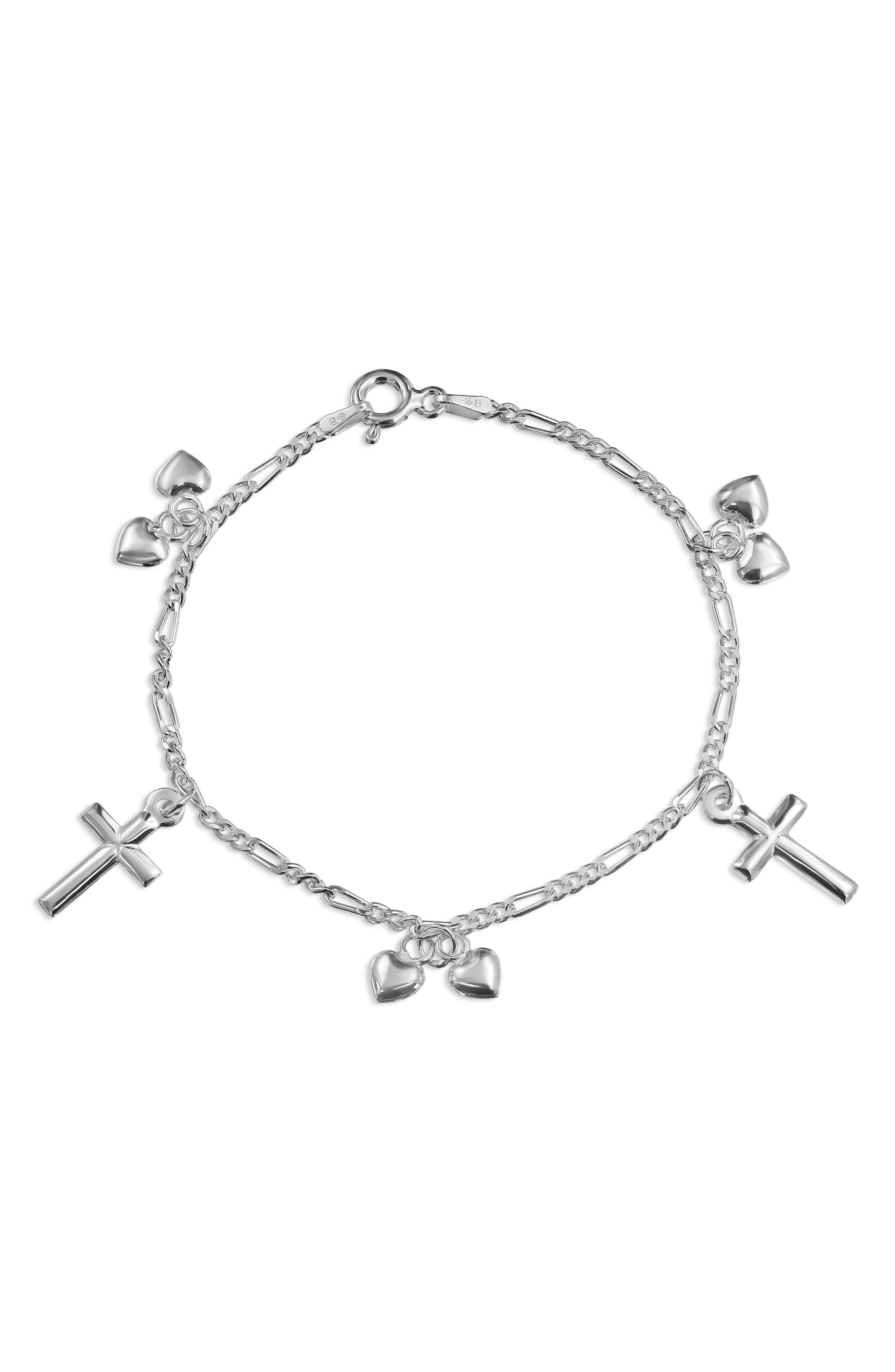 BLING JEWELRY Cross & Heart Charm Chain Bracelet