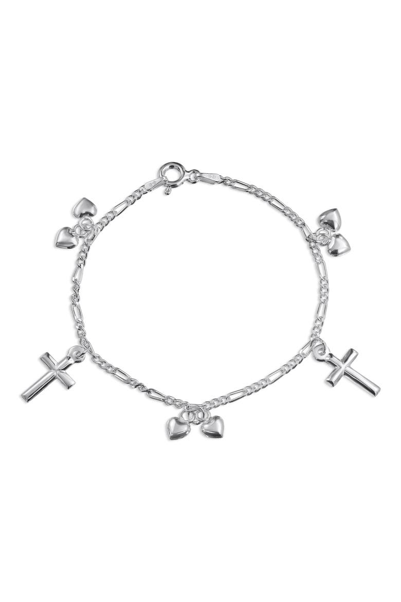 Cross & Heart Charm Chain Bracelet, Main, color, SILVER
