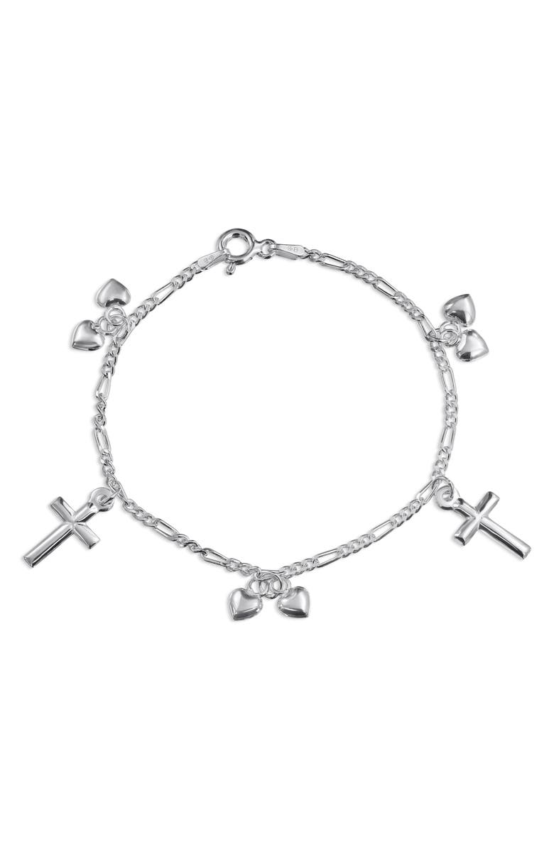BLING JEWELRY Cross & Heart Charm Chain Bracelet, Main, color, Silver