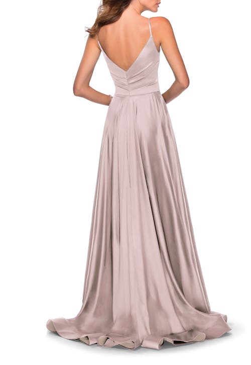 La Femme Long Satin Dress With Side Slit And V Shaped Back