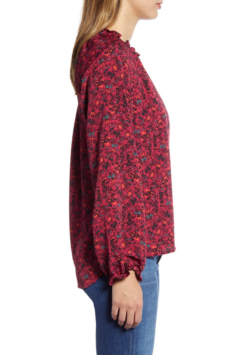 Floral Ruffle Neck Long Sleeve Crepe Blouse, Alternate, color, DEEP BERRY DITSY