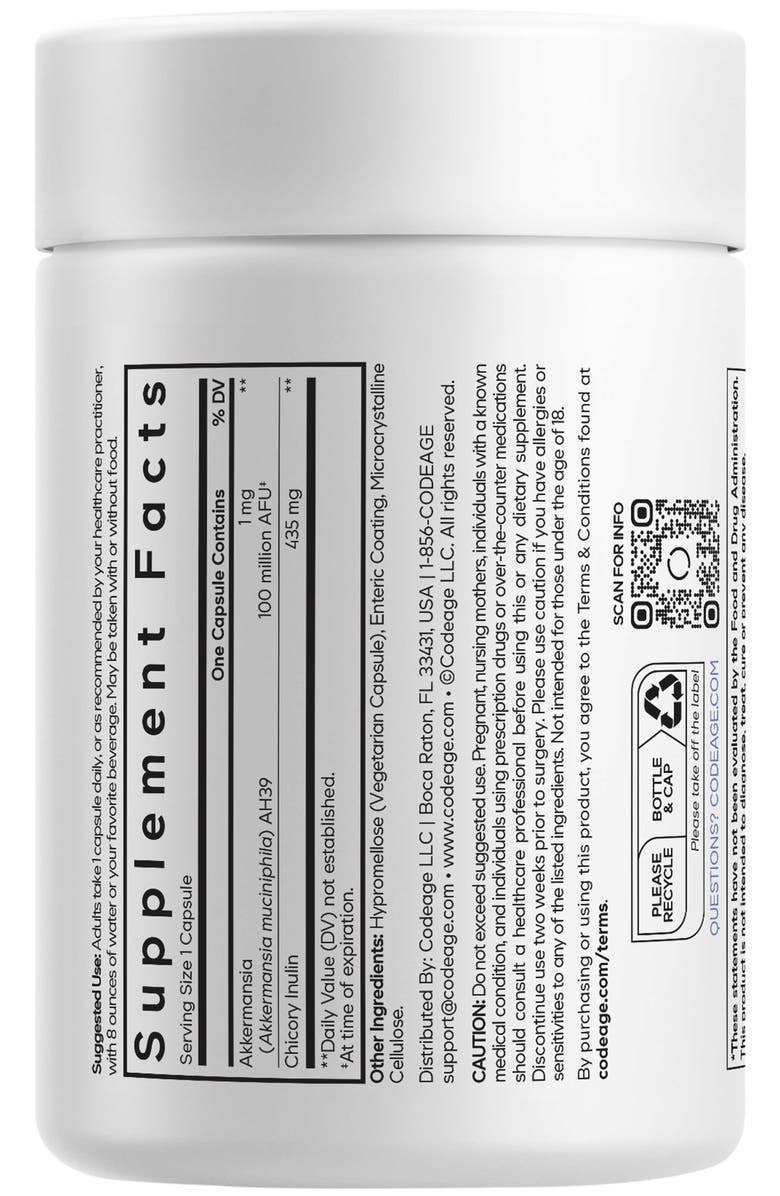 Codeage Akkermansia, 100 Million AFU Synbiotic Supplement, Probiotic & Chicory Root Prebiotic, Alternate, color, White