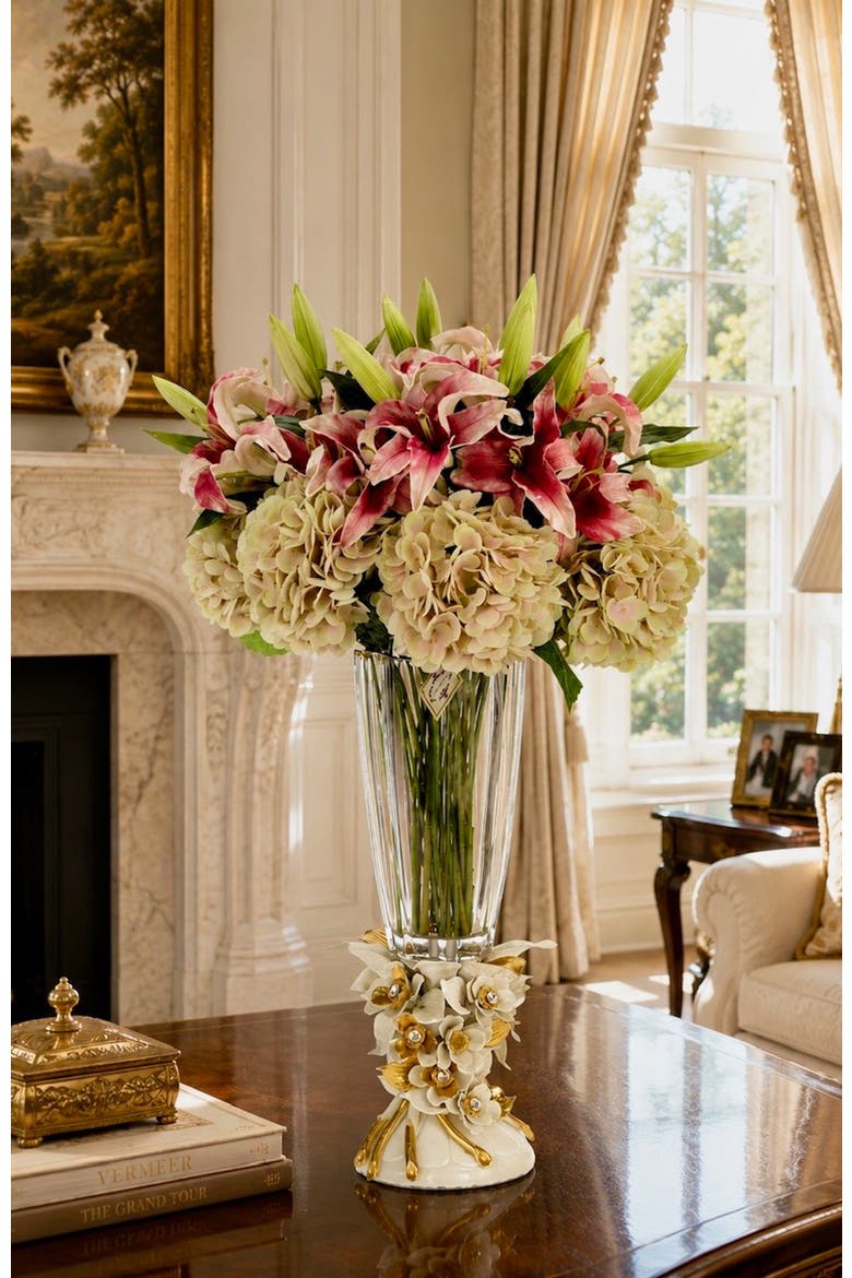 Majestic Lily and Hydrangea in Vase, Alternate, color, Deep Rose Pink