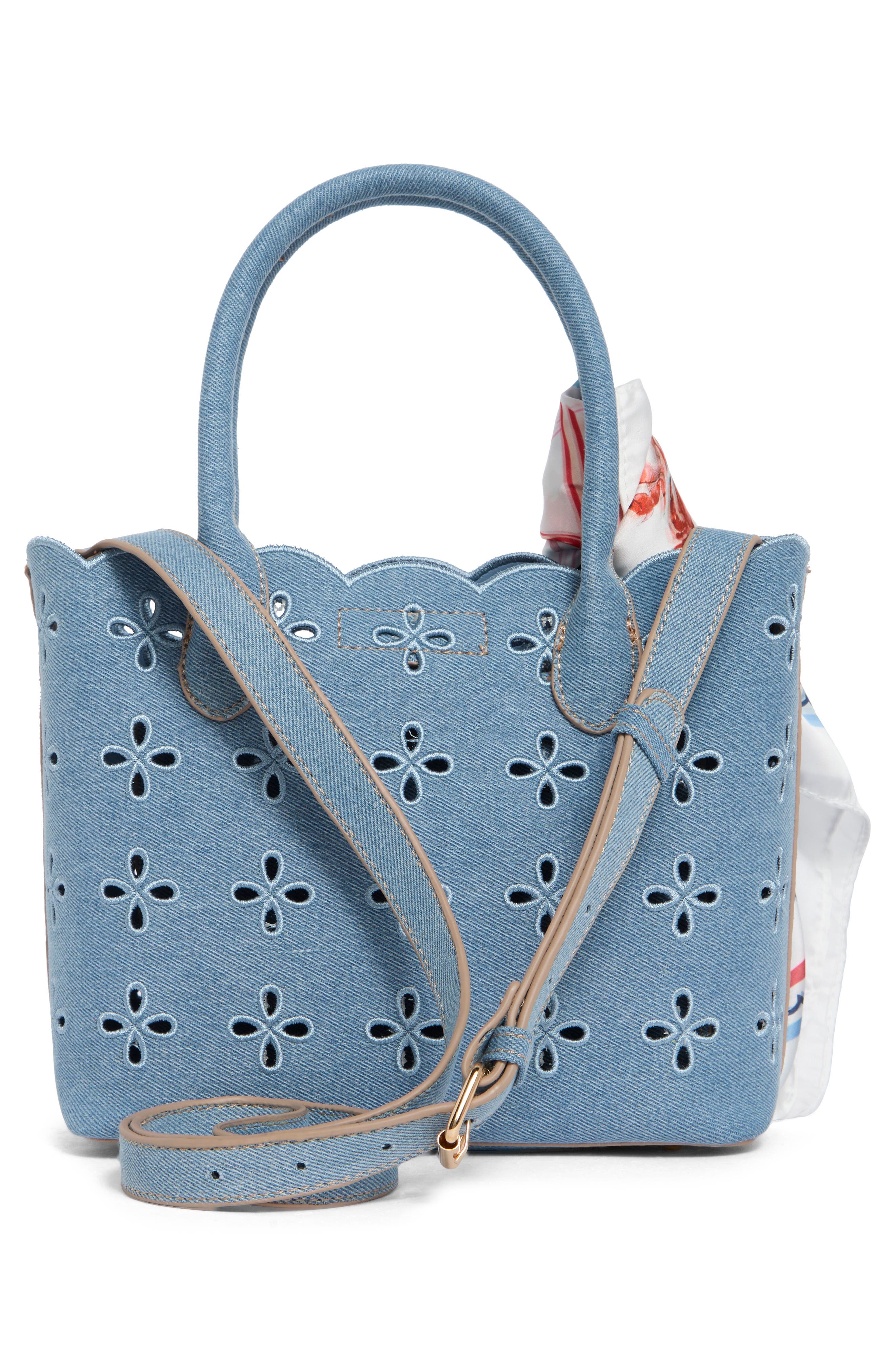 Nanette Lepore Eyelet Embroidered Denim Satchel, Alternate, color, Blue Jeans / Americana Scarf