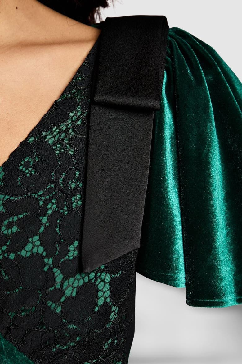 Velvet Lace Mix Short Sleeve Midi Dress, Alternate, color, Emerald