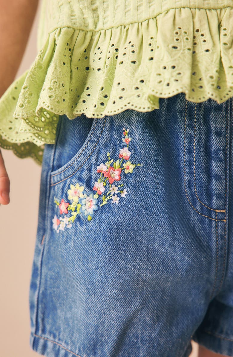 NEXT Kids' Embroidered Floral Denim Shorts, Alternate, color, Blue Denim