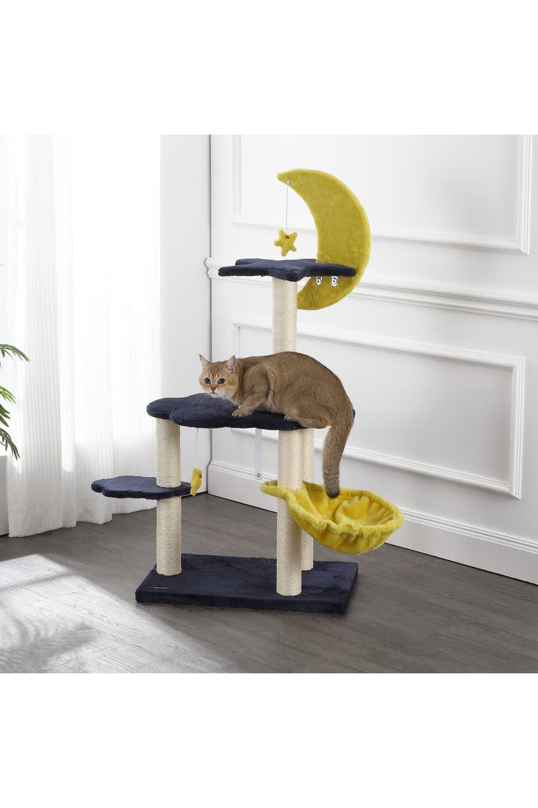 Aurora 3-Tier Modern Sisal Moon And Stars Cat Tree with Scratching Posts, Basket, and Fuzzy Bell Toys, Alternate, color, Navy/Yellow/White