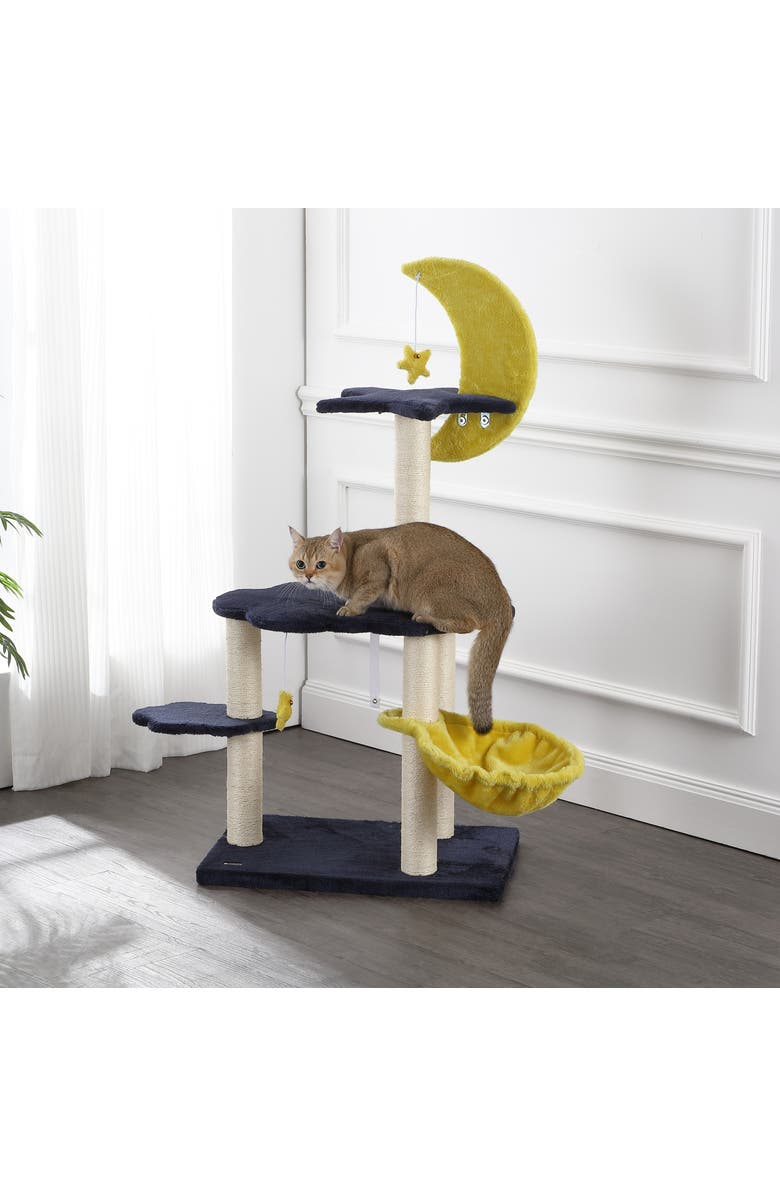 The Licker Store Aurora 3-Tier Modern Sisal Moon And Stars Cat Tree with Scratching Posts, Basket, and Fuzzy Bell Toys, Alternate, color, Navy/Yellow/White