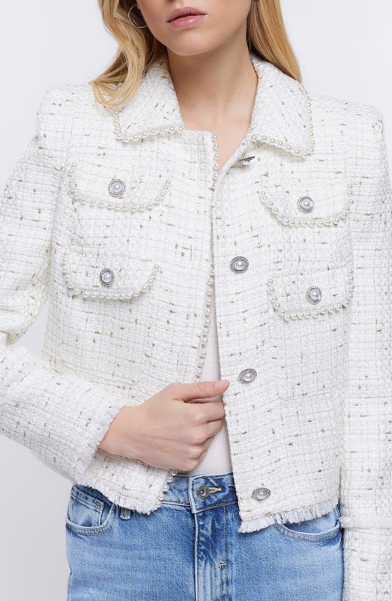 River Island Faux Pearl Crop Bouclé Trophy Jacket, Alternate, color,