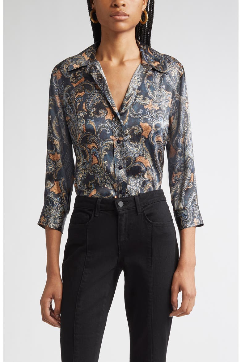 Dani Print Three-Quarter Sleeve Silk Button-Up Shirt, Main, color, MIDNIGHT MULTI ETCHED PAISLEY