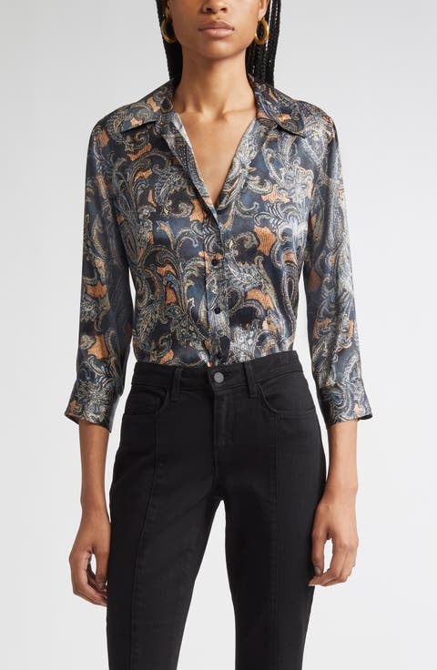 Dani Print Three-Quarter Sleeve Silk Button-Up Shirt