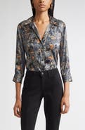 L'AGENCE Dani Print Three-Quarter Sleeve Silk Button-Up Shirt