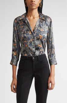 L'AGENCE Dani Print Three-Quarter Sleeve Silk Button-Up Shirt