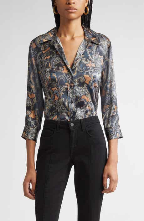 L'AGENCE Dani Print Three-Quarter Sleeve Silk Button-Up Shirt