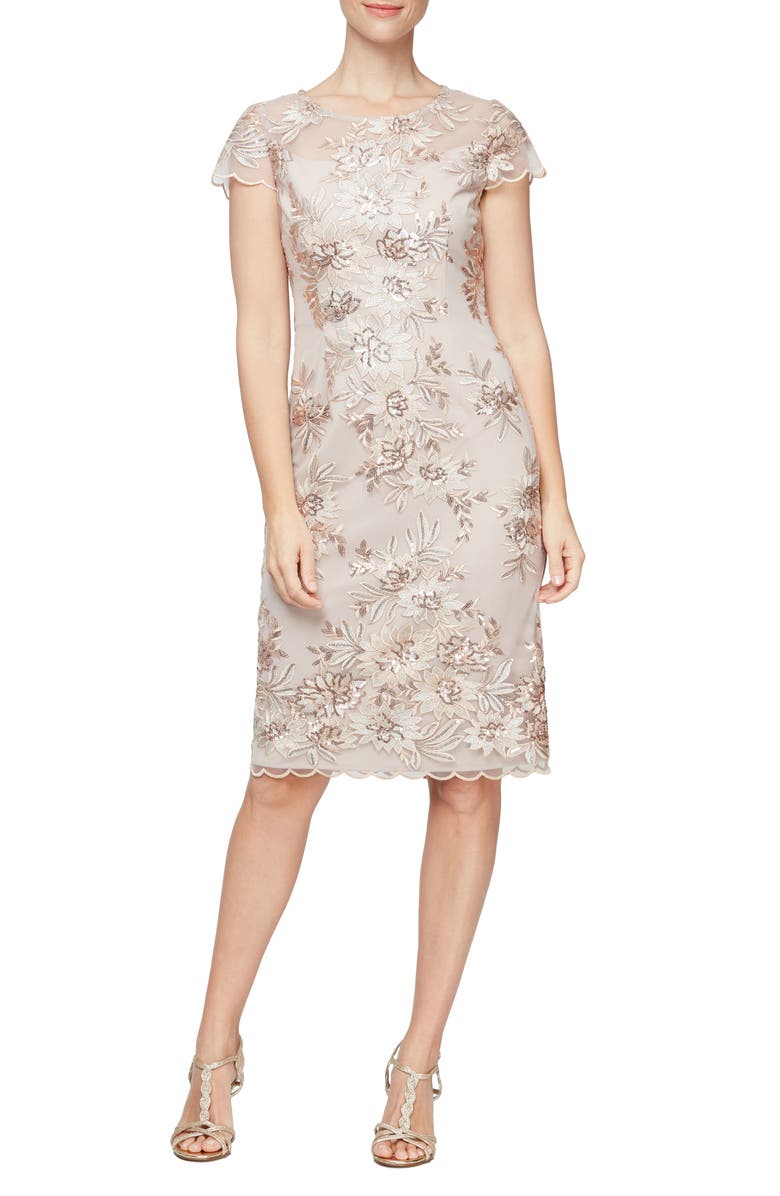 Alex Evenings Embroidered Sheath Dress, Main, color, Champagne