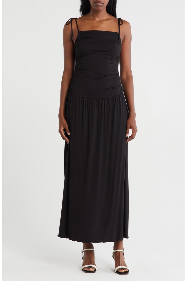 Tie Strap Ruched Fit & Flare Midi Dress, Main, color, BLACK