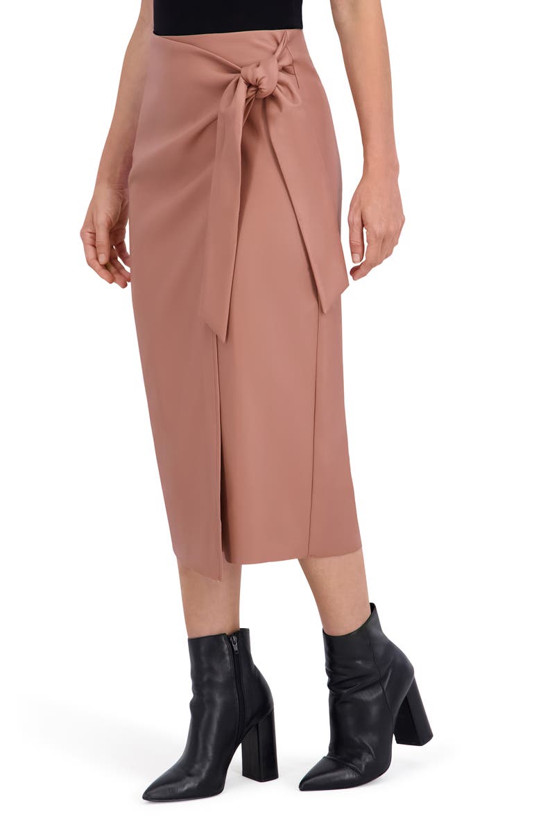 Ookie & Lala Supersoft Faux Leather Side Tie Midi Skirt, Alternate, color, Mocha