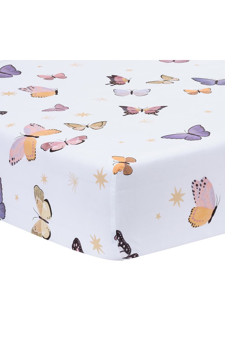 Lambs & Ivy Butterfly Dreams Breathable 100% Cotton Fitted Baby Crib Sheet, Main, color, White Multi