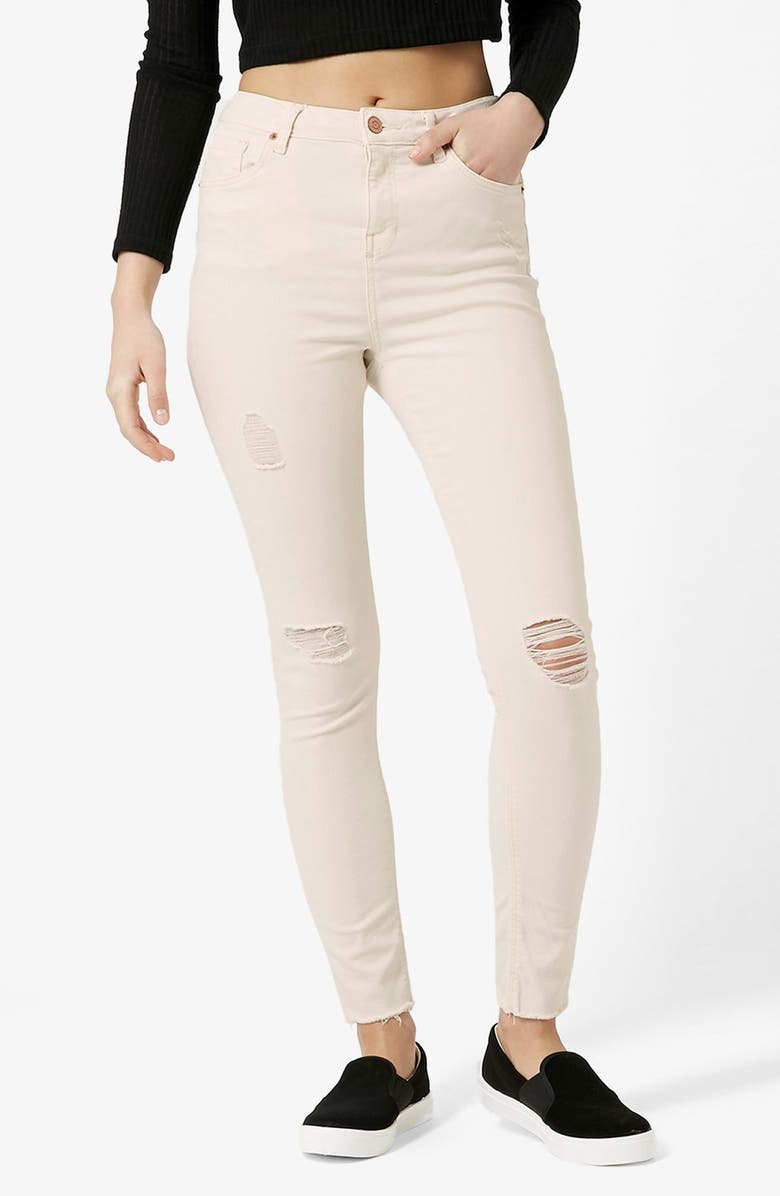 Topshop MOTO ECRU RIPPED JAMIE JEANS, Alternate, color, 