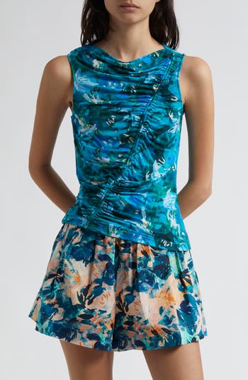 Ulla Johnson Medea Floral Ruched Sleeveless Top In Blue