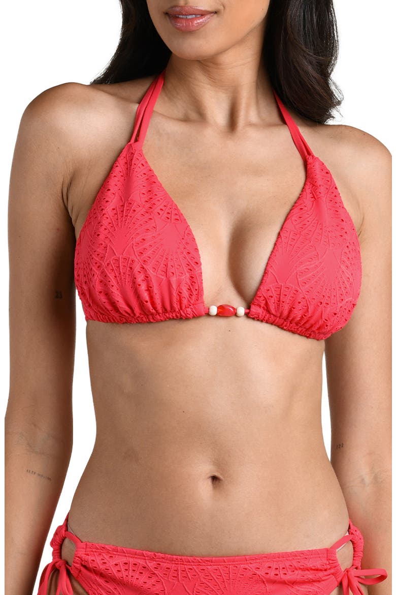 Shellbound Eyelet Triangle Bikini Top, Main, color, GUAVA