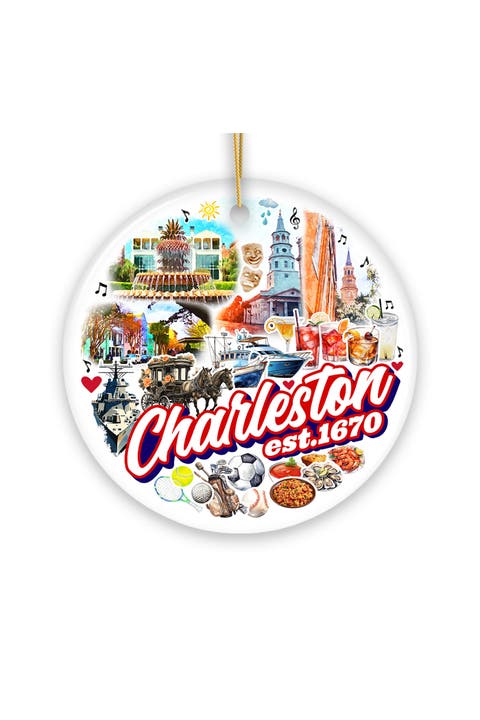 Charleston 1670 Watercolor Landmarks Round Ornament