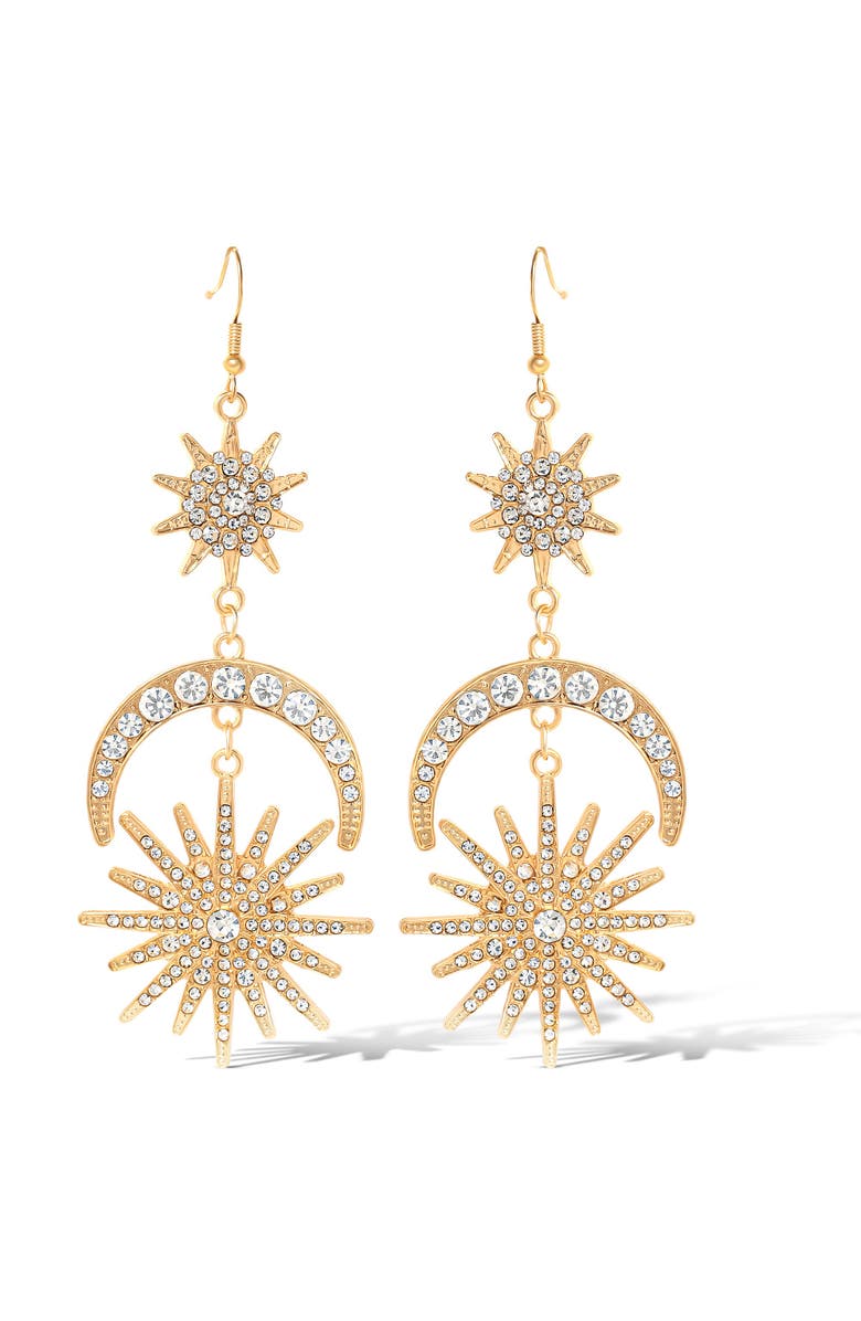 Jessica Simpson Sun Moon and Star Drop Earrings for Women, Gold-Tone Statement Earrings with Crystal Embellishments, Main, color,
