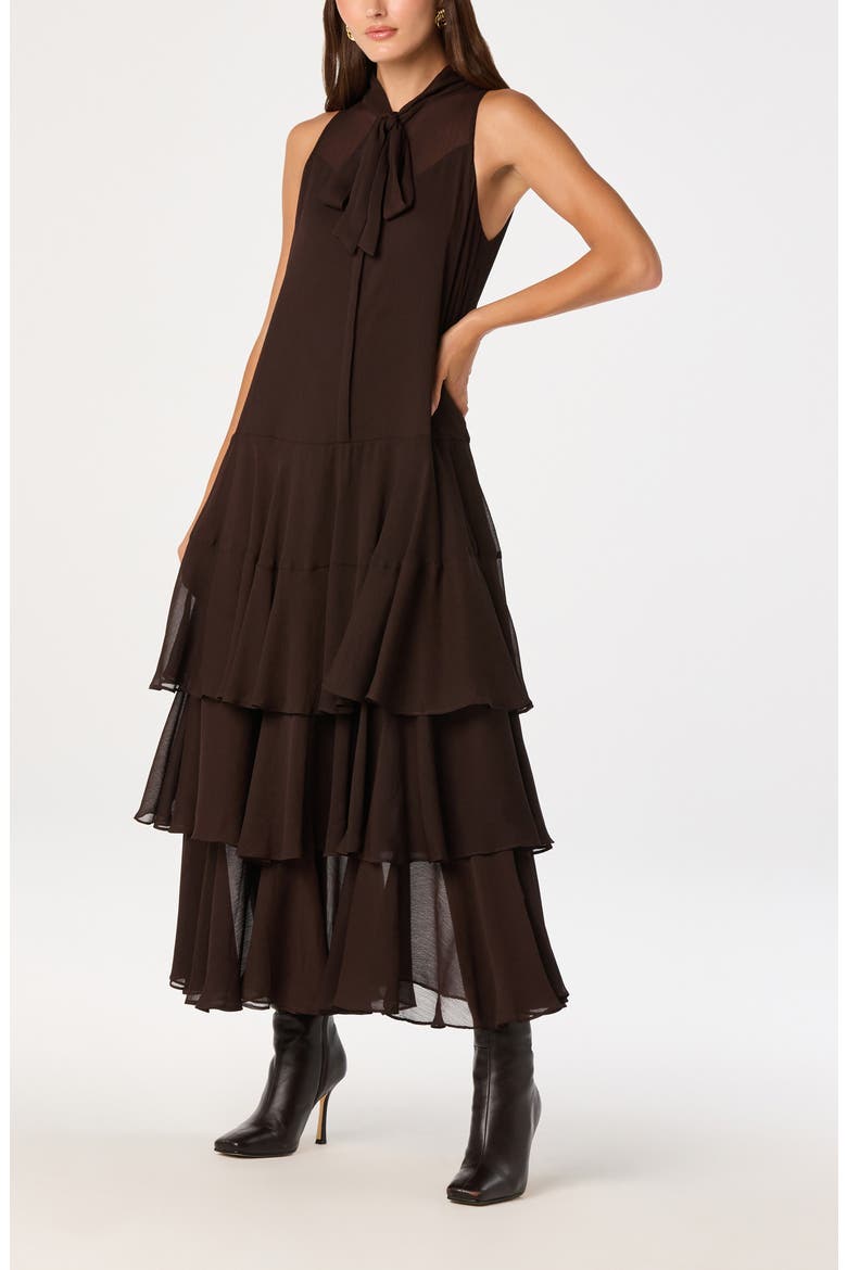 Katheryn Tie Neck Tiered Midi Dress, Alternate, color, ESPRESSO