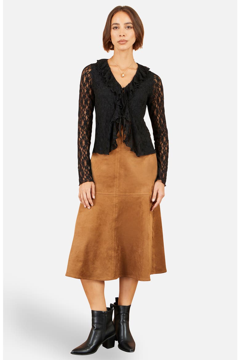 Ruffled Lace Tie Neck Top, Alternate, color, Black
