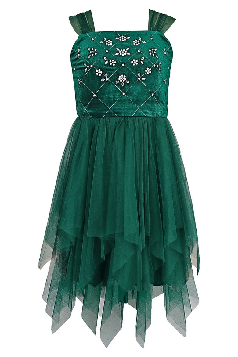 Kids' Velvet and Mesh Fairy Hem Dress, Main, color, HUNTER GREEN