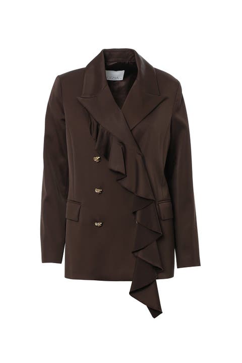 Shirt Collar Ruffle Detailed Brown Classic Jacket