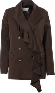 Gizia Shirt Collar Ruffle Detail Tailored Brown Jacket