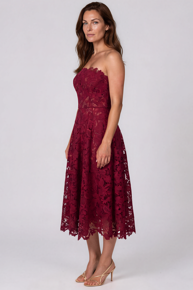 Strapless Guipure Lace A-Line Midi Cocktail, Alternate, color, Pink Burgundy