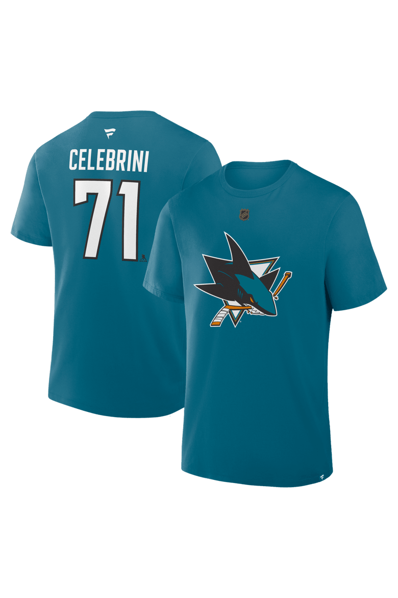 Men's Fanatics Macklin Celebrini Teal San Jose Sharks Authentic Stack Name & Number T-Shirt, Main, color, Teal