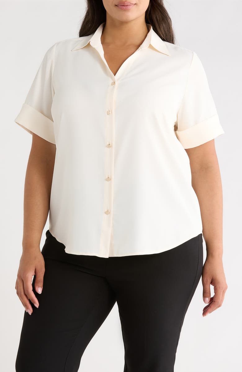 AK ANNE KLEIN Short Sleeve Button-Up Shirt, Main, color, White Dove