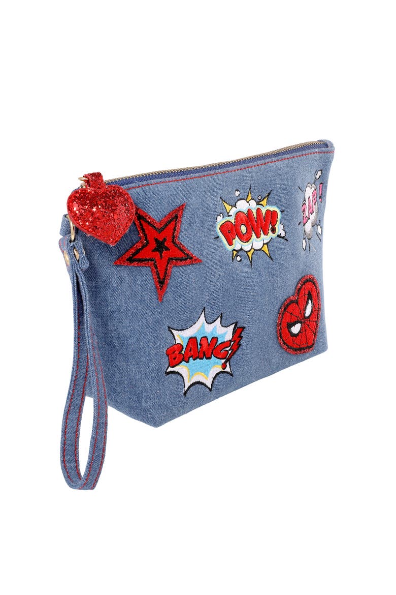 SpiderMan Denim Patch Cosmetic Pouch with Comic Pop Embellishments, Alternate, color, Denim