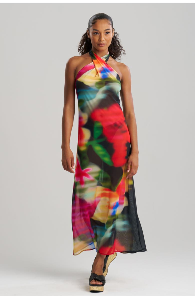 Natori Floral Mirage - Printed Mesh Halter Dress, Main, color, Black