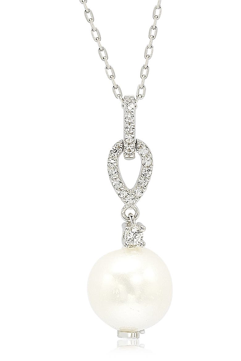 Sterling Silver 10mm Freshwater Pearl & Created Sapphire Pendant, Main, color, WHITE