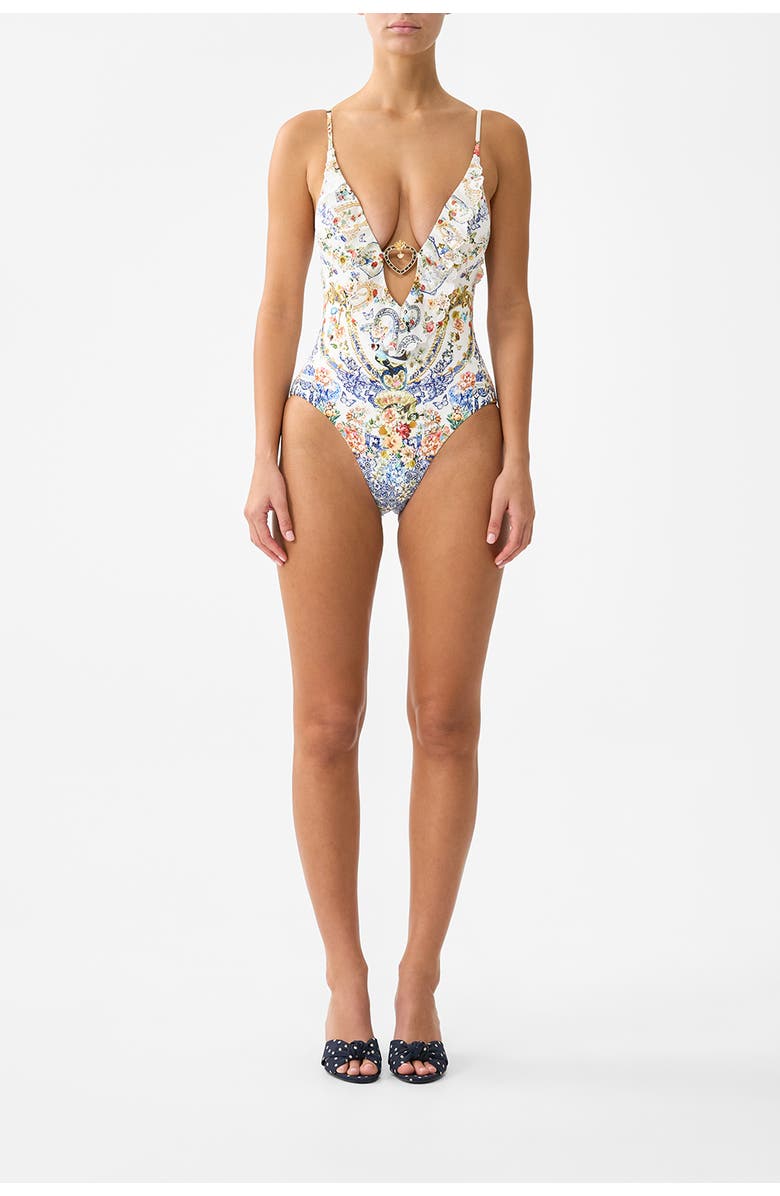 Camilla Plunge V Neck One Piece W Frill And Trim, Main, color, The Pottery Parlour