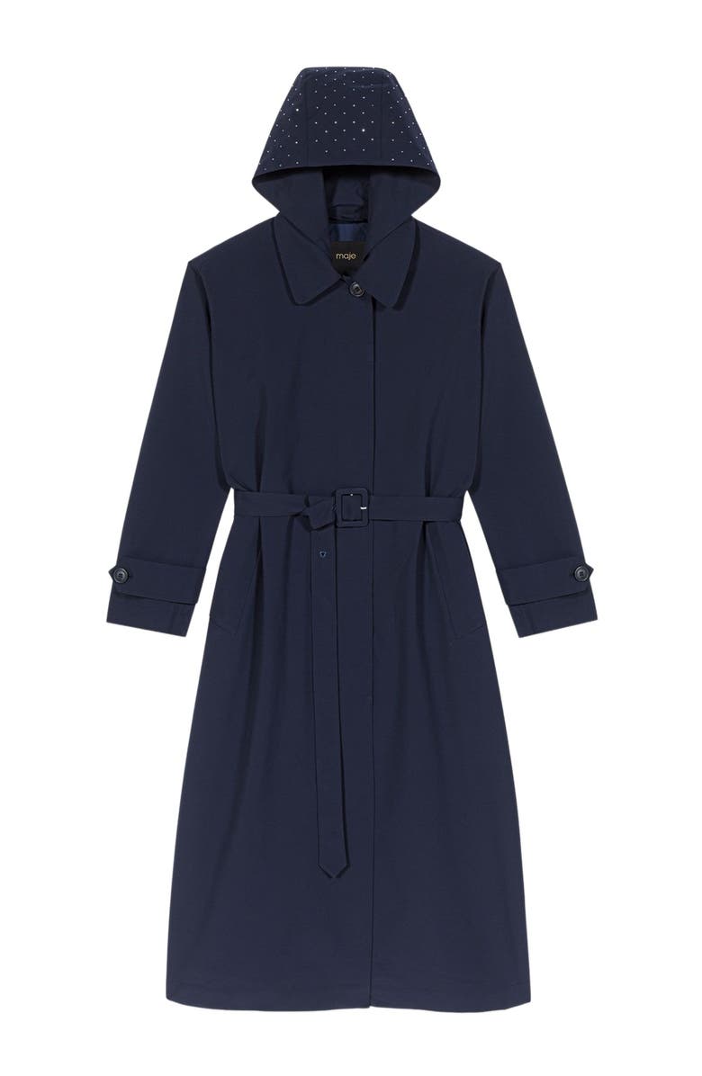 maje Removable rhinestone-hood trench, Alternate, color, Navy