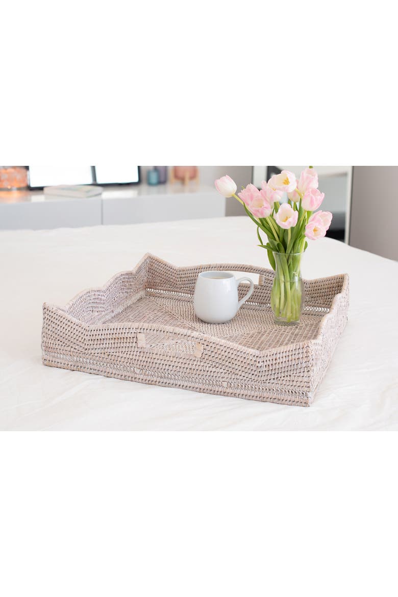Artifacts Rattan Scallop Collection Square Tray With Cutout Handles, Alternate, color, White Wash
