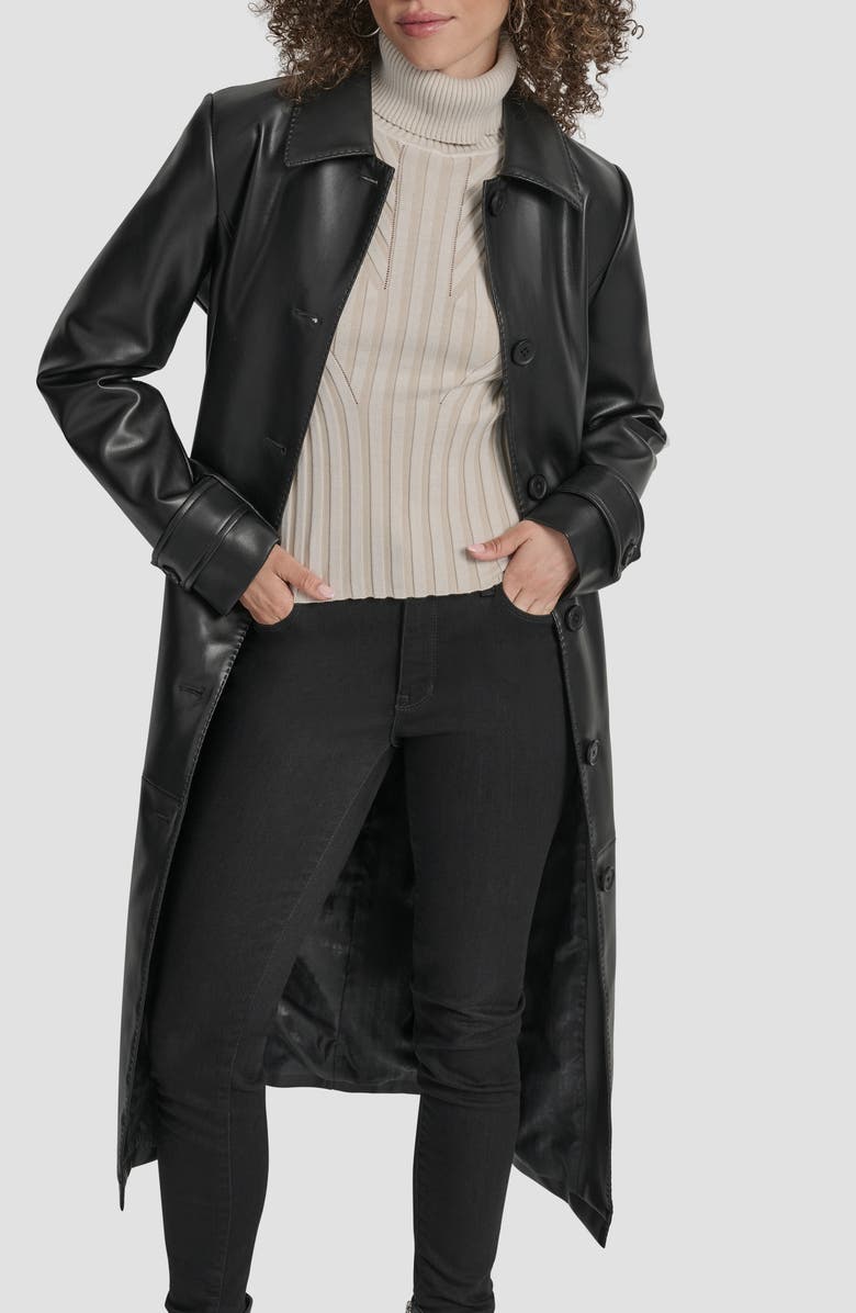 DKNY Faux Leather Trench Coat, Alternate, color, Black