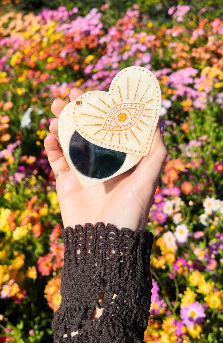 Solar Eclipse Celestial Heart Hand Painted Compact Mirror, Alternate, color, Beige